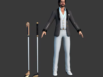 Man In Striped Blazer White Vest White Pants Standing With Two Canes Brown Black Handles 3d model
