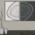 Black And White Circular Pattern Wall Art With White Vases On Striped Wallpaper 3d model