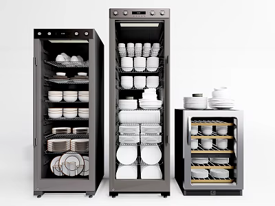 Modern Kitchen Appliances Stainless Steel Sterilizers Filled with Plates Bowls and Tableware 3d model