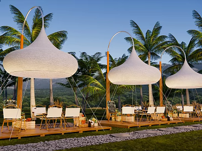 Camping Site with White Conical Tents Palm Trees Wooden Platforms Green Grass and Mountain Views 3d model