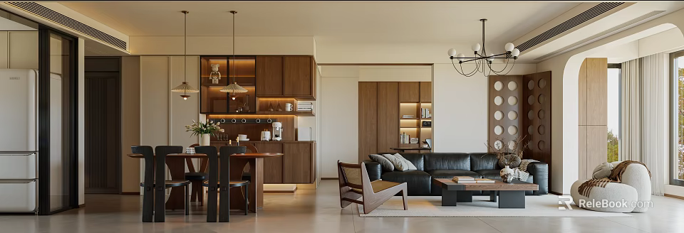 Modern Natural Dining And Living Room Interior With Wooden Cabinets Sofa And Chandelier 3d model 
