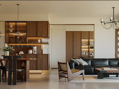 Modern Natural Dining And Living Room Interior With Wooden Cabinets Sofa And Chandelier 3d model