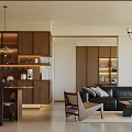 Modern Natural Dining And Living Room Interior With Wooden Cabinets Sofa And Chandelier