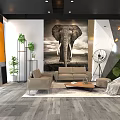 Modern Industrial Office Interior With Open Layout Wooden Flooring Sofa Green Plants And Elephant Mural