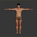 Shirtless Man Standing With Arms Outstretched In Brown Shorts On Grey Background