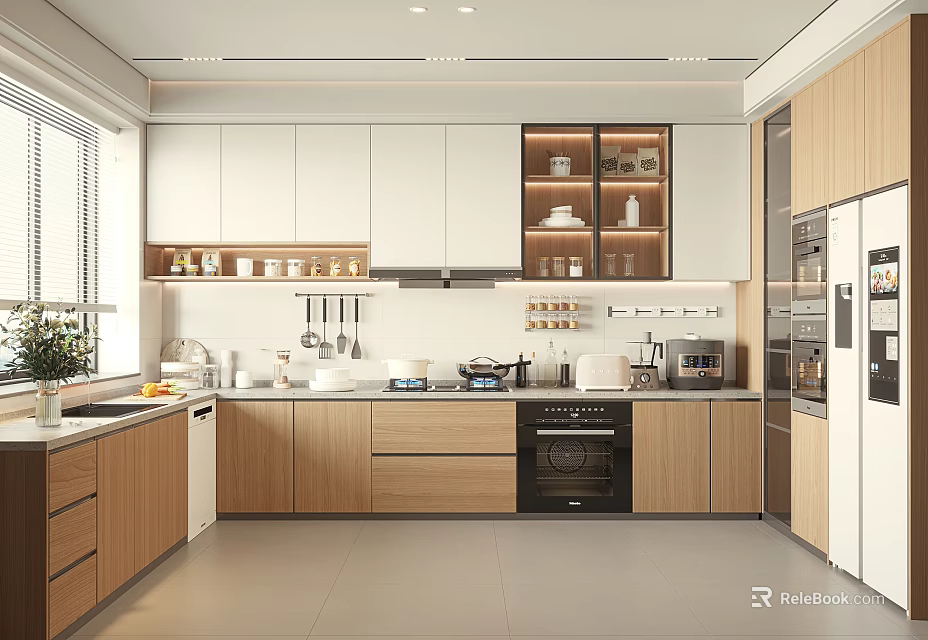 Modern Kitchen Interior With White And Wooden Cabinets Countertop And Appliances 3d model 