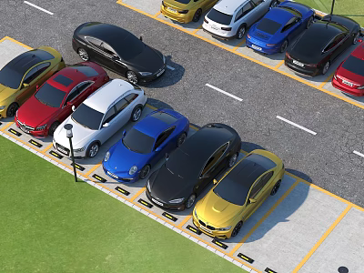 Different Colored Cars Parked Neatly In City Parking Lot Space 3d model