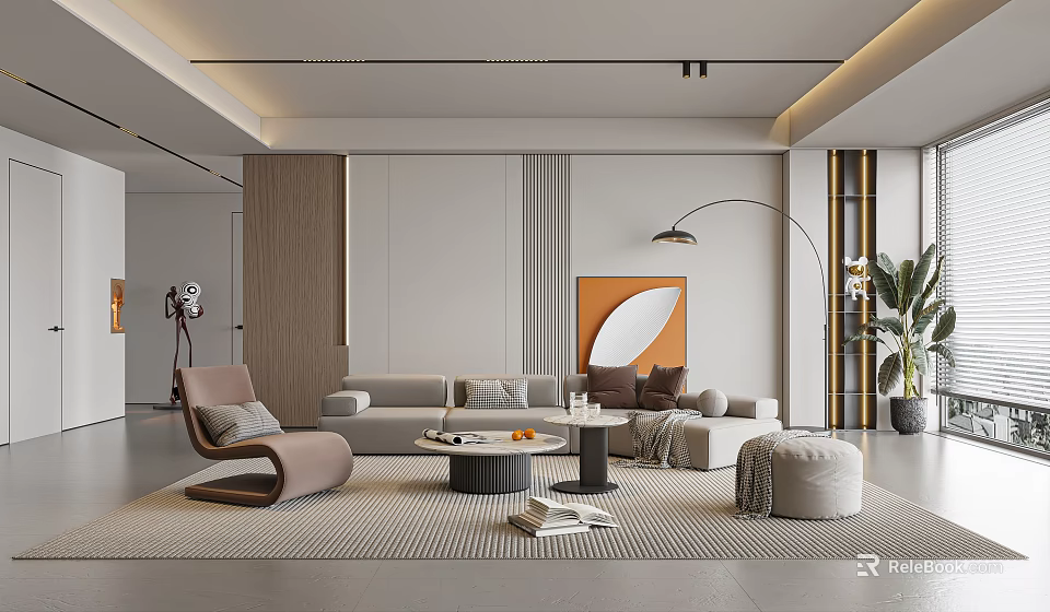 Modern Living Room Interior With Sofa Armchair Coffee Table Rug Floor Lamp And Abstract Artwork 3d model 