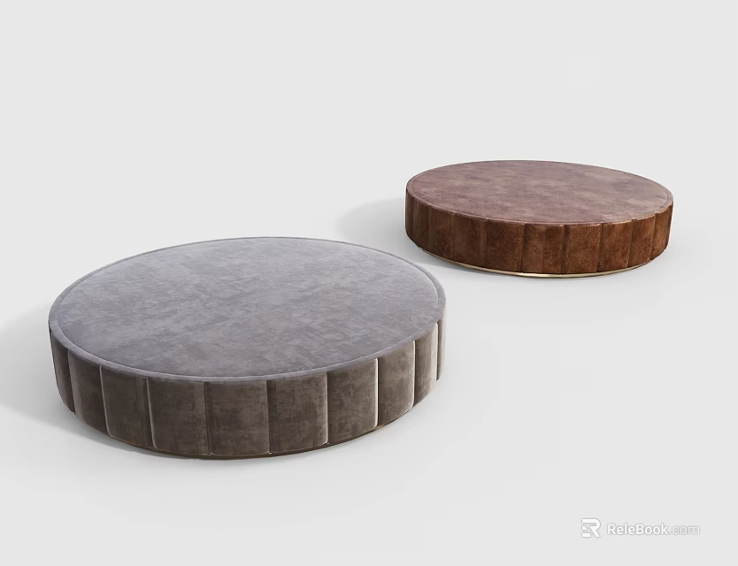 Two Round Modern Velvet Ottoman Stools With Gray And Brown Striped Design 3d model 
