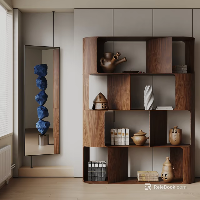 Modern Wooden Decorative Cabinet with Ceramic Vases Books and Decorative Items 3d model 