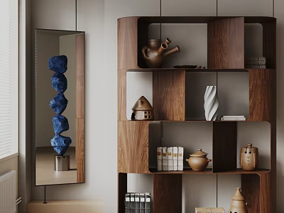 Modern Wooden Decorative Cabinet with Ceramic Vases Books and Decorative Items 3d model