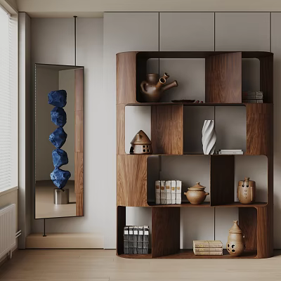 Modern Wooden Decorative Cabinet with Ceramic Vases Books and Decorative Items 3d model