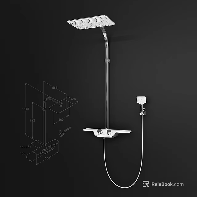 Modern Faucet with Technical Drawings Handheld Shower and Dimension Labels 3d model 