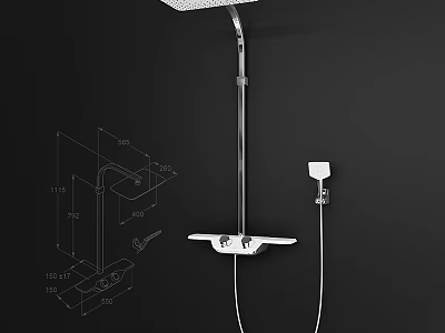Modern Faucet with Technical Drawings Handheld Shower and Dimension Labels 3d model