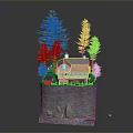 3D Model Small House Scene Surrounded by Pine Trees with Rocky Base and Water Area