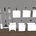 Bathroom Cleaning Tools And Sanitary Ware With Wall Mounted Tanks And Floor Standing Basins