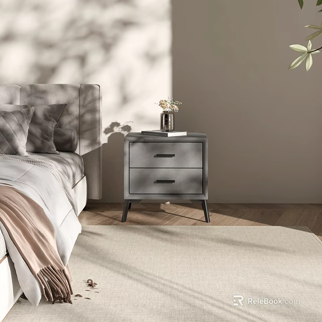 Modern Gray Nightstand With Two Drawers Black Legs Vase Flowers And Book In Bedroom 3d model 