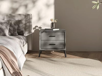 Modern Gray Nightstand With Two Drawers Black Legs Vase Flowers And Book In Bedroom 3d model