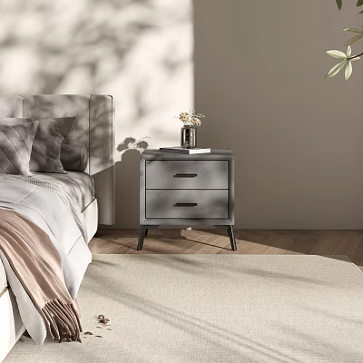 Modern Gray Nightstand With Two Drawers Black Legs Vase Flowers And Book In Bedroom 3d model