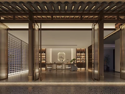 Elegant Traditional Chinese Clubhouse Interior With Tile Roof Wooden Structure Bookshelves And Tables Chairs 3d model