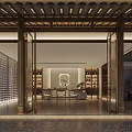 Elegant Traditional Chinese Clubhouse Interior With Tile Roof Wooden Structure Bookshelves And Tables Chairs
