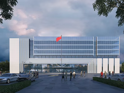 Modern Office Building with Glass Curtain Walls Red Flag at Entrance Trees People and Cars 3d model