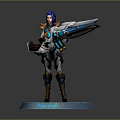 Game Character Nova Ray Blue Hair Armored Outfit Wielding Large Futuristic Gun on Green Base