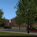 Modern Red Brick Office Building Exterior With Circular Structure Lawn Greenery And Car