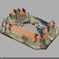 Medieval Castle Model Architecture with Red Roof Towers and Courtyard Design