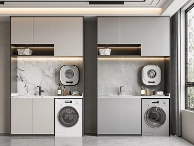 Modern Bathroom Cabinet Design With Marble Countertop Washing Machine And Storage Cabinets 3d model