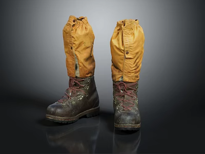 Lace Up Dark Leather Boots With Yellow Fabric Cuffs Thick Non Slip Soles Outdoor Hiking Use 3d model