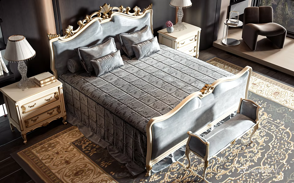Luxurious Double Bed With Golden Carved Headboard Gray Quilted Bedspread Bedside Tables Bench And Rug 3d model 