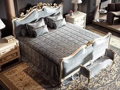 Luxurious Double Bed With Golden Carved Headboard Gray Quilted Bedspread Bedside Tables Bench And Rug 3d model