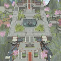 Ancient Chinese Courtyard With Red Gates Stone Steps Lanterns And Cherry Blossom Trees