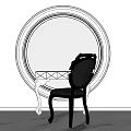 Elegant White Dressing Table Design With Large Round Mirror And Black Chair