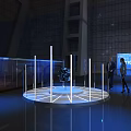 Futuristic Exhibition Display With Illuminated Pillars And Central Exhibit In Modern Architectural Space