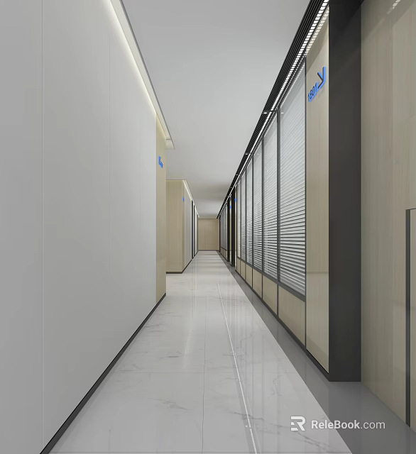Modern Office Corridor Design With Clean Walls Ceiling Lighting Glass Blinds And Polished Floor 3d model 