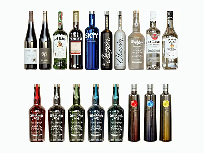 Various Alcohol Bottles Display With Different Brands Colors And Labels Arranged In Rows 3d model