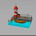 Traditional Wooden Rowing Boat Near Red Lighthouse Dock With Bench And Street Lamp