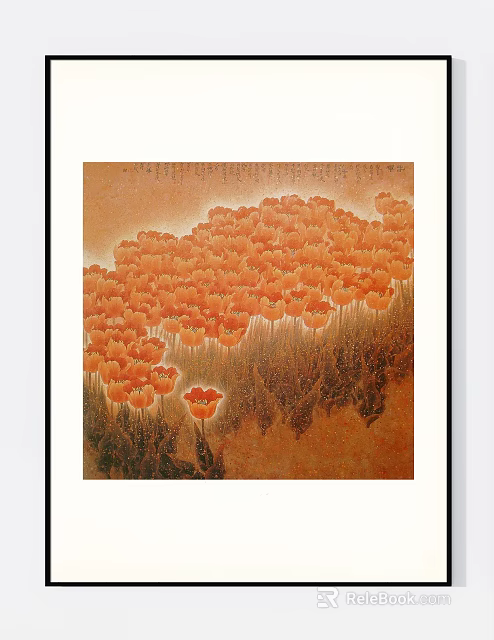 Botanical Painting of Vibrant Orange Poppies with Green Grass Stems and Warm Background Tones 3d model 