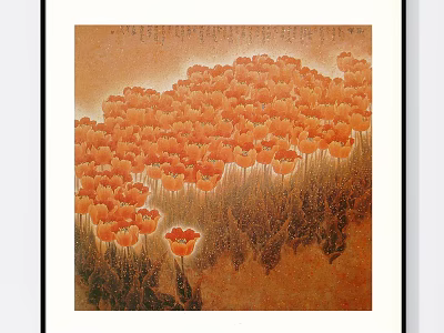 Botanical Painting of Vibrant Orange Poppies with Green Grass Stems and Warm Background Tones 3d model