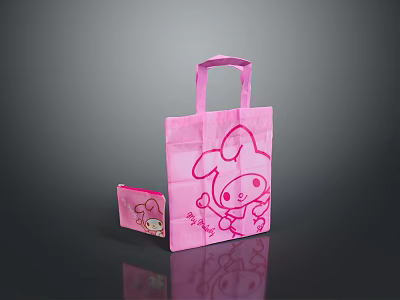 Pink Foldable Shopping Bag With Cartoon Rabbit Design And Portable Size 3d model