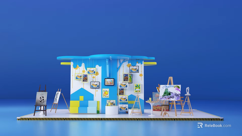 Colorful Exhibition Booth with Blue White Design and Hanging Paintings on Easels 3d model 