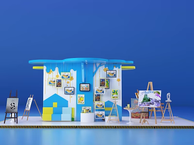 Colorful Exhibition Booth with Blue White Design and Hanging Paintings on Easels 3d model