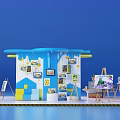 Colorful Exhibition Booth with Blue White Design and Hanging Paintings on Easels