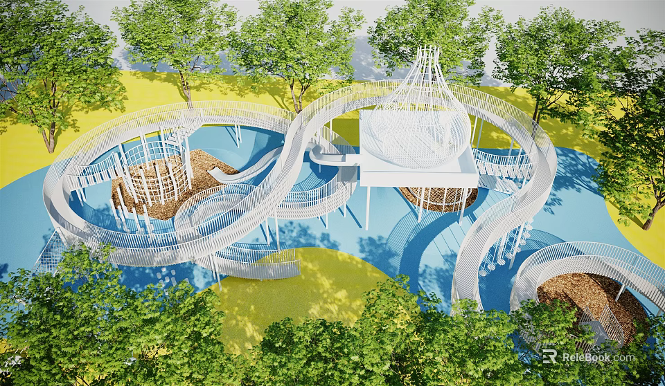 Modern Playground Design With Spiral Slides Green Trees White Structures And Blue Yellow Ground 3d model 