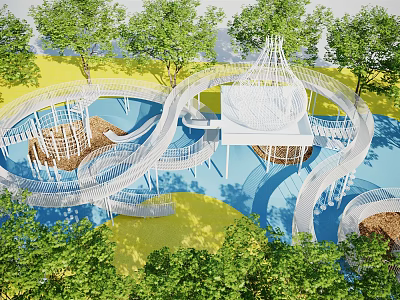 Modern Playground Design With Spiral Slides Green Trees White Structures And Blue Yellow Ground 3d model