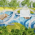 Modern Playground Design With Spiral Slides Green Trees White Structures And Blue Yellow Ground