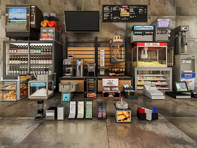 Commercial Kitchen Equipment Setup With Refrigerators Coffee Machines Popcorn Makers And Display Cases 3d model