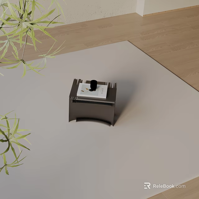 Modern Side Table With Wooden Frame And Green Plant Leaves On Light Carpet 3d model 